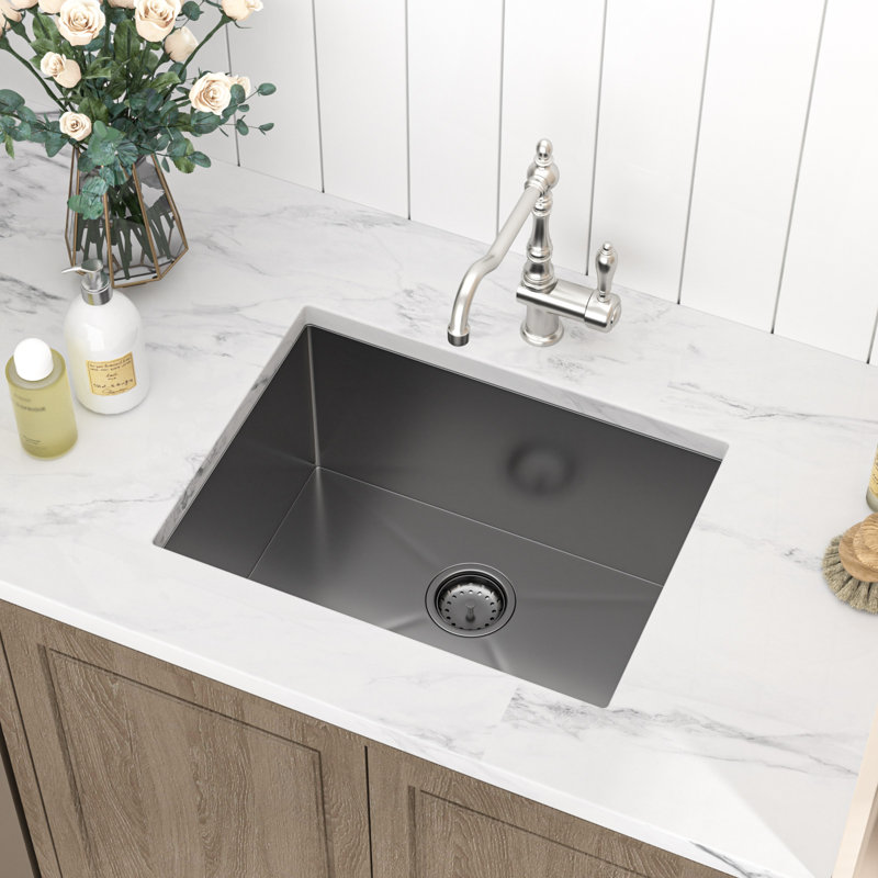 24"L x 18"W Laundry Sink Undermount Quartz Single Bowl Utility Sink with Bottom Grid, Black
