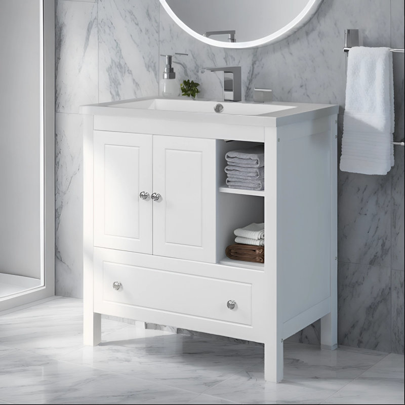 Meuble-lavabo avec lavabo en céramique Hauraa, Blanc