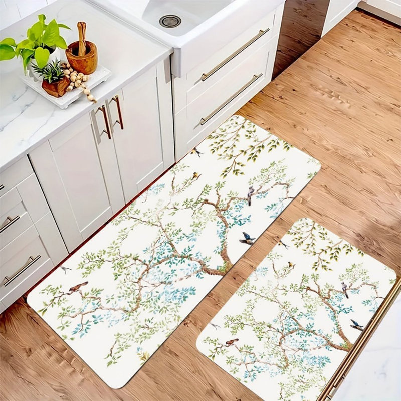 Tapis de cuisine Branch Bird Art pour cuisine, 2 pièces, blanc cassé