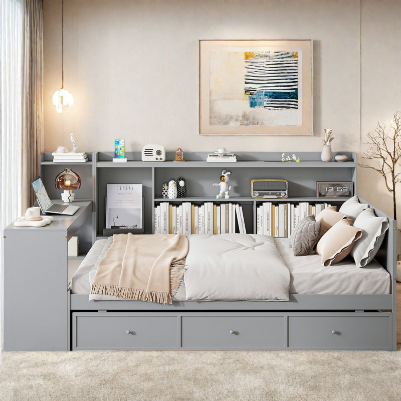 Lit de jour en bois avec 3 tiroirs, ports USB et bureau , Gris