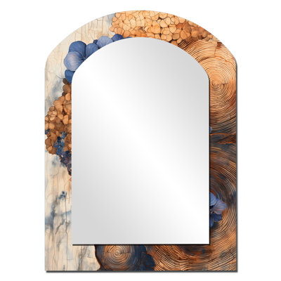 Aqua Hydrangea Flowers On Wooden Slide II - Hydrangea Arch Wall Mirror, Blue Asymmetrical Decorative Mirror, Printed Metal Art