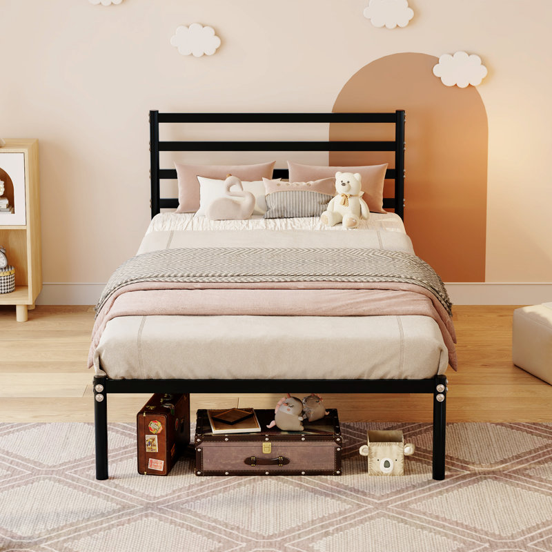 Classic Metal Platform Bed Frame Mattress Foundation  Large Under Bed Storage Easy Assembly Twin Size Black
