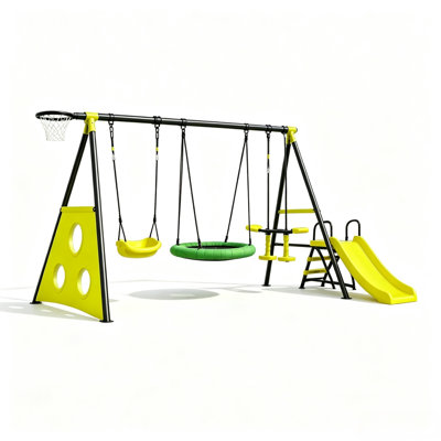 Multi-Child Metal Swing Set with Slide, Saucer Swing, and Basketball Hoop for 5 Kids Backyard Play