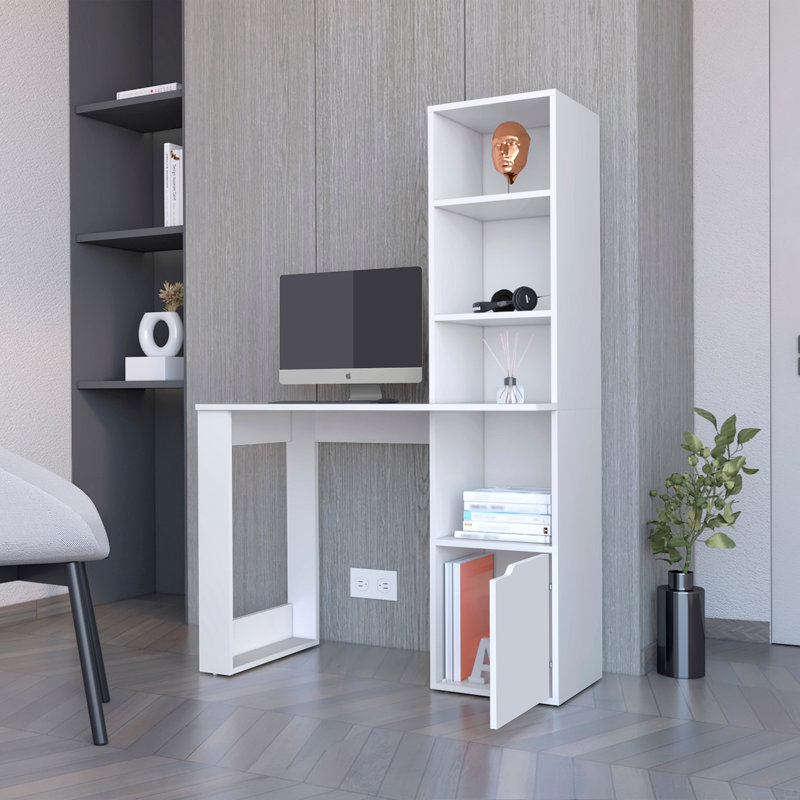 Bureau d'ordinateur avec armoire à une porte et tablette à 4 niveaux Bicknell, Blanc