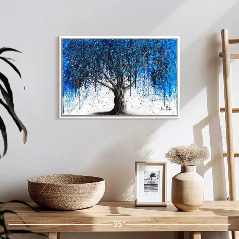 Arbre bleu au clair de lune, Cadre flottant blanc, 19 po x 13 po
