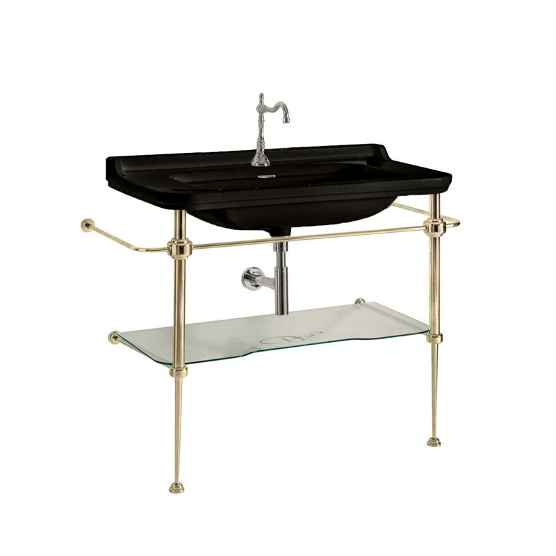 Waldorf 39.4'' L Bathroom Sink, Single Hole Faucet, Glossy Black/Polished Gold