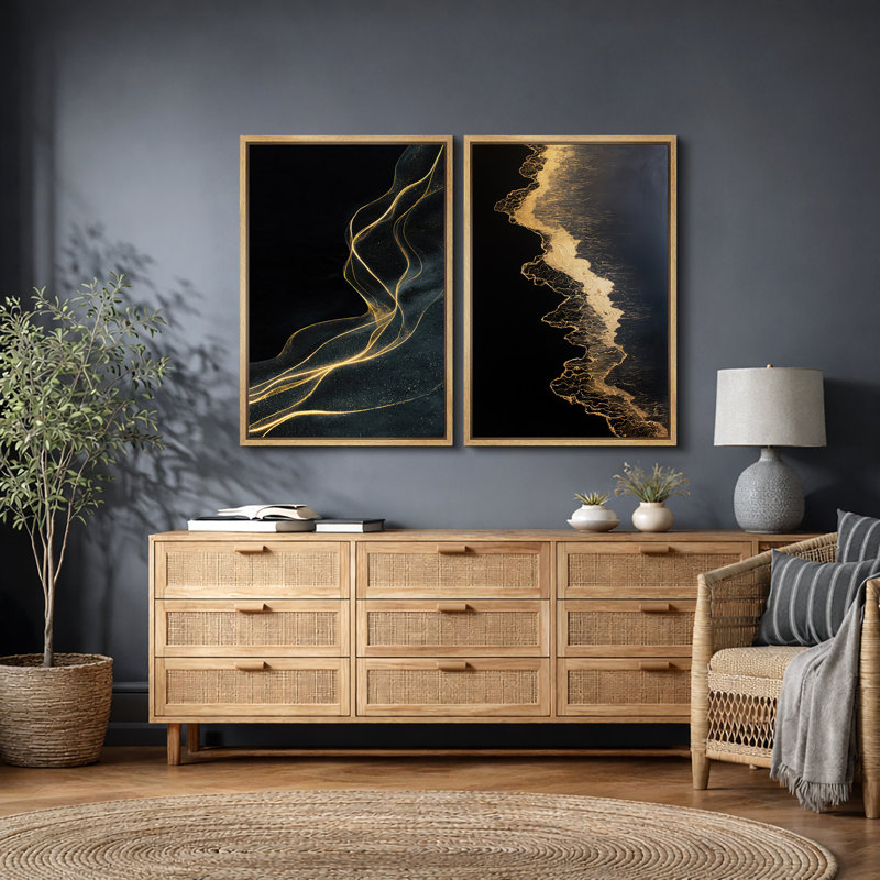 "Modern Gold Line", art abstrait, images de salon, impression sur toile encadrée, 2 pièces, H 24 po x l 32 po