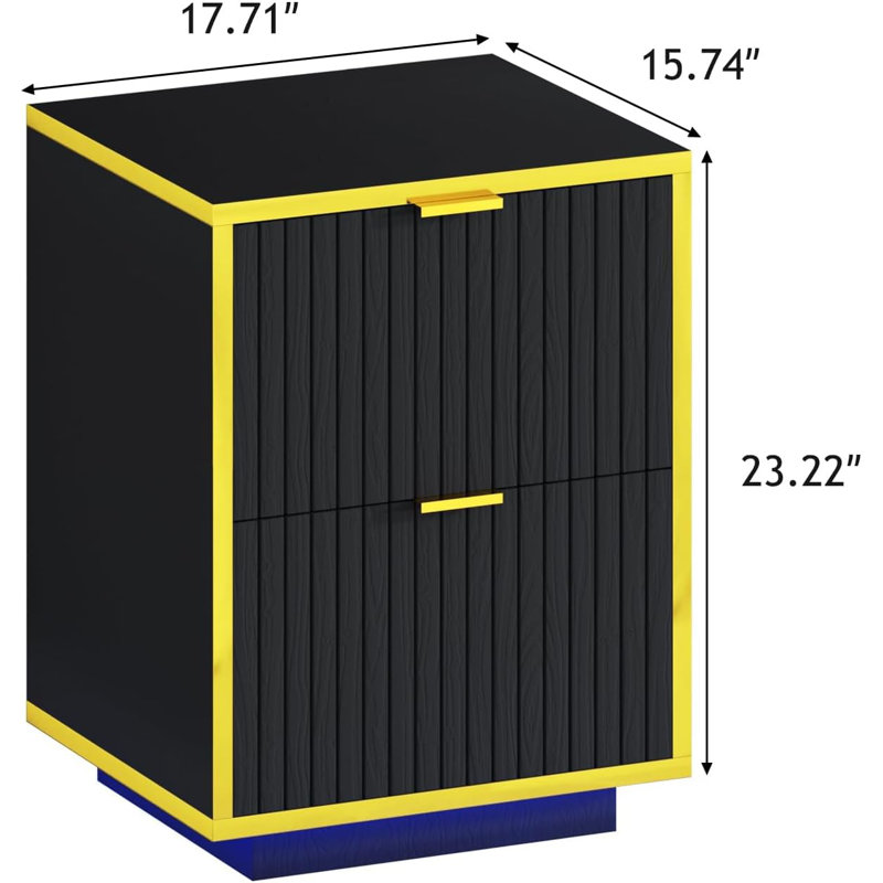 Modern Led End Table, 18 Inch  Night Stand with 2 Fluted Drawers and Golden Handles, Individual, Black