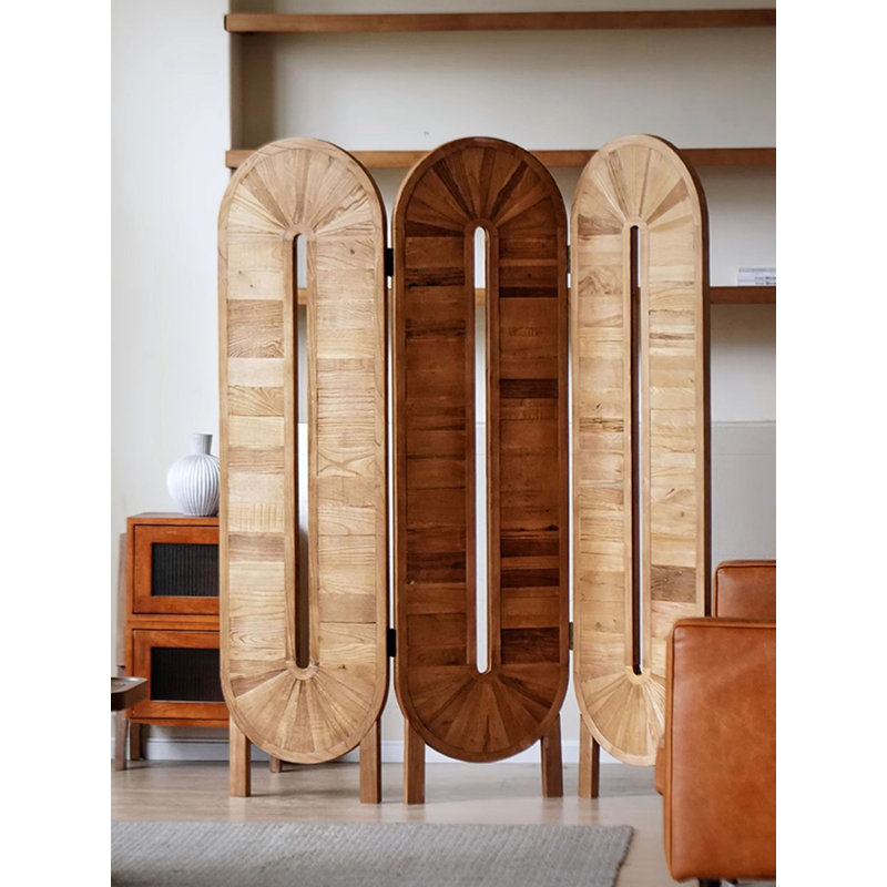 Paravent rétro et simple en bois d'orme arqué double face, H 62,99 po x l 59,06 po x P 1,18 po