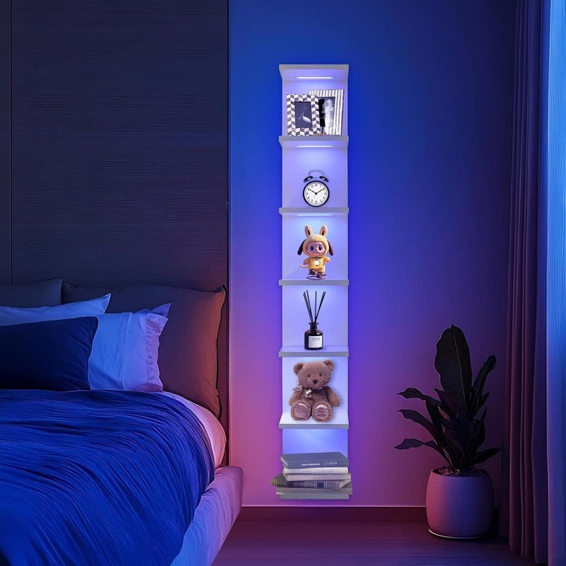 7-Tier LED Floating Wall Shelf With RGB Lighting And Remote Control, Vertical Storage Organizer And Decorative Display Unit For Home And Office