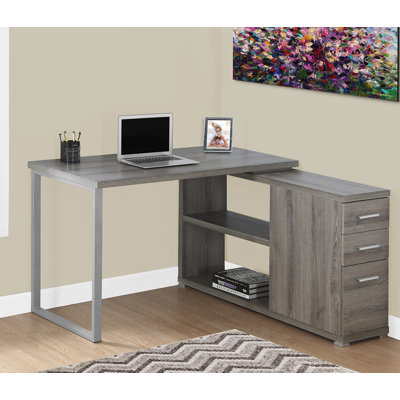 Bureau d'ordinateur contemporain en L avec configuration à gauche ou à droite, tiroirs de rangement et structure en métal gris pour un bureau à domicile moderne