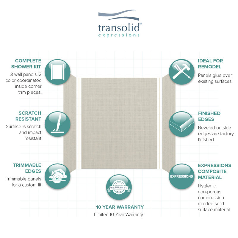 Cameo Solid Surface 3-Piece Shower Wall Kit, 36" x 60" x 72"