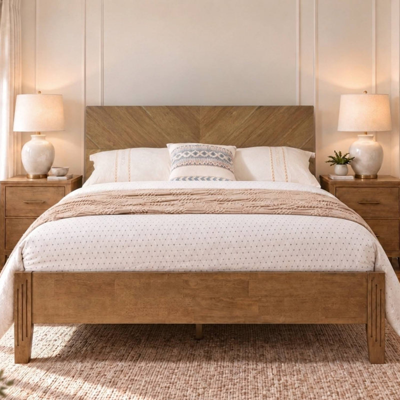 Lit plateforme Queen en bois massif avec tablette de rangement