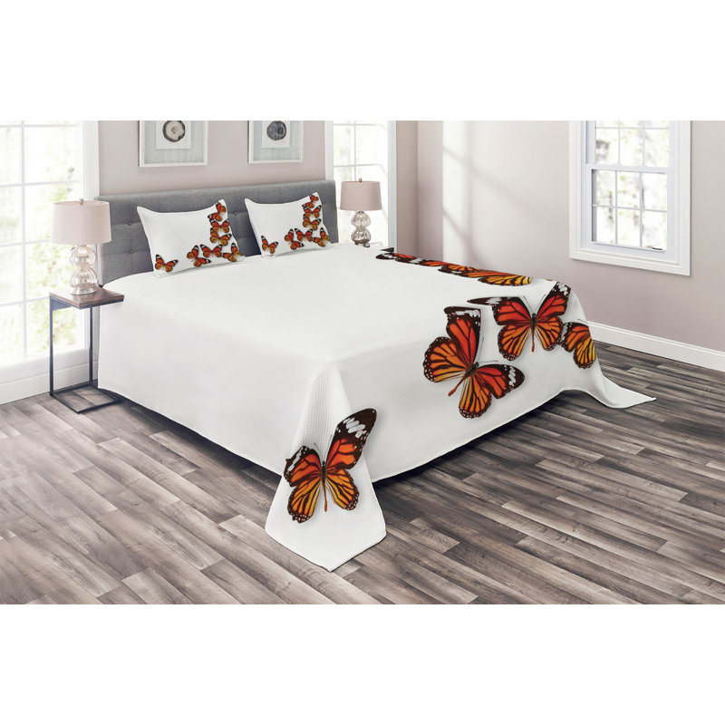 White Quilted Queen Bedspread Set with Butterfly Design