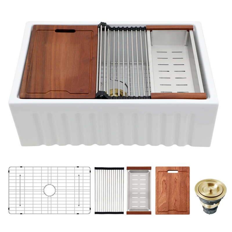 Rectangular Single Basin Farmhouse Sink Ceramic Workstation Kitchen Sink with Accessories, 10" H x 30" W x 20" D