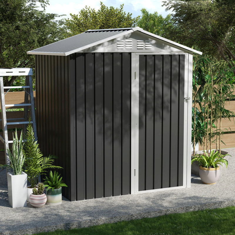Remise de rangement extérieure 5,4 x 4,27 pi avec porte à charnières pour jardin, patio, pelouse, utilitaire et rangement pour vélos