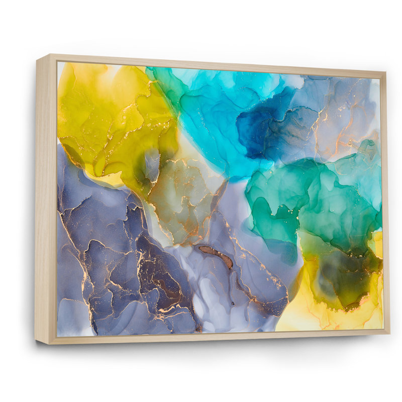 Turquoise et jaune luxe abstrait fluide - peinture sur toile, H 30 po x l 40 po x P 1,5 po, Cadre flottant érable