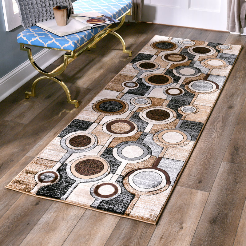 Tapis ivoire / gris à motif géométrique Adonia, Tapis de couloir 2 pi 8 po x 8 pi 1 po