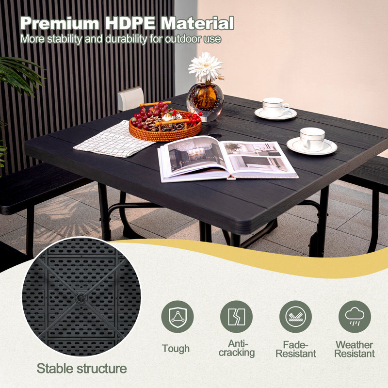 HDPE Picnic Table Bench Set With Umbrella Hole For 6-8, Black