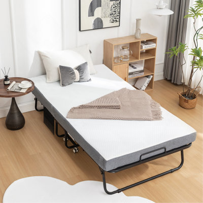 Folding Bed With Mattress, Sportable Foldable Bed With Storage Cover, Srollaway Bed For Adults With Memory Foam Mattress And Metal Frame, Scot Size Guest Bed On Wheels