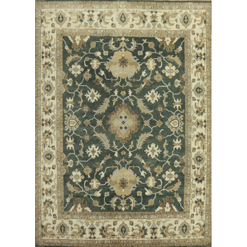 Grand tapis indien à motif floral vert Oushak 12 x 15
