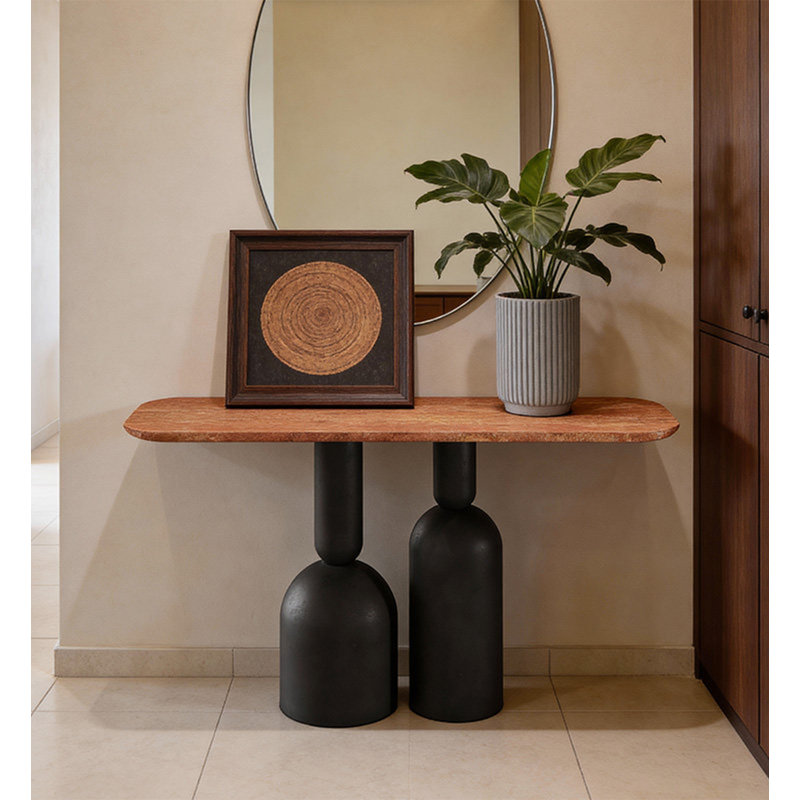 Console avec piédestal sculptural, table d'entrée en bois massif pour le couloir du salon
