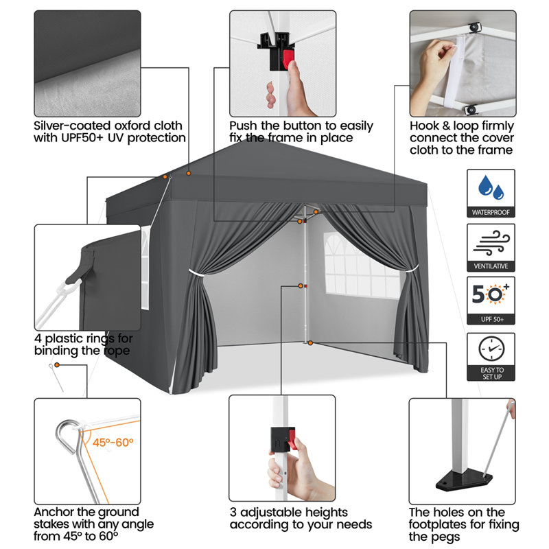 Iron Pop-Up Gazebo, 287cm H x 300cm W x 300cm D, Dark Grey