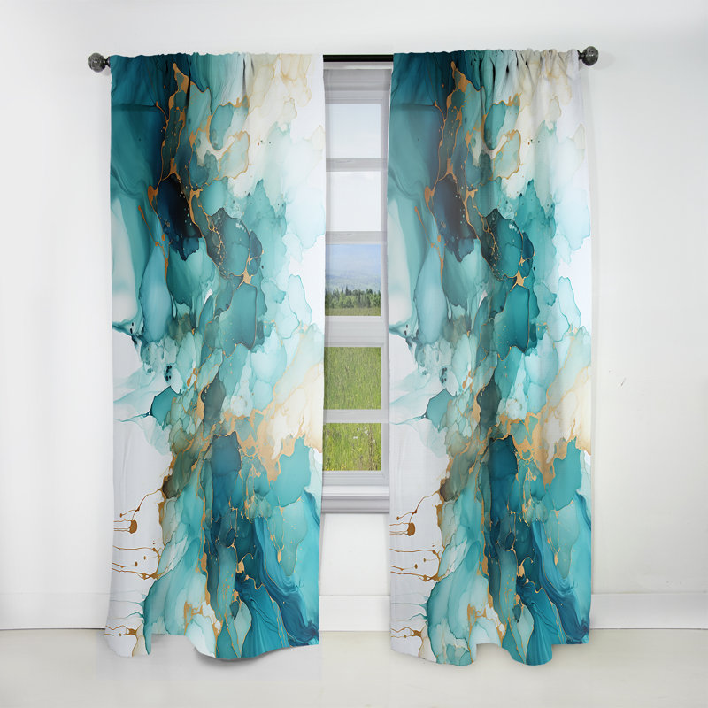 Teal Gold Abstract Fractal Mystic Mirage III - Fractals Curtain - Velvet Room Darkening - 1 Panel, 52" W x 108" L
