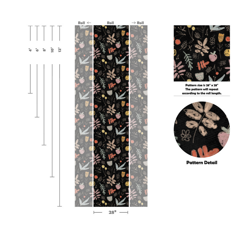 Papier peint amovible avec feuilles pastel Chalkboard Garden Bliss, L 96 po x l 28 po