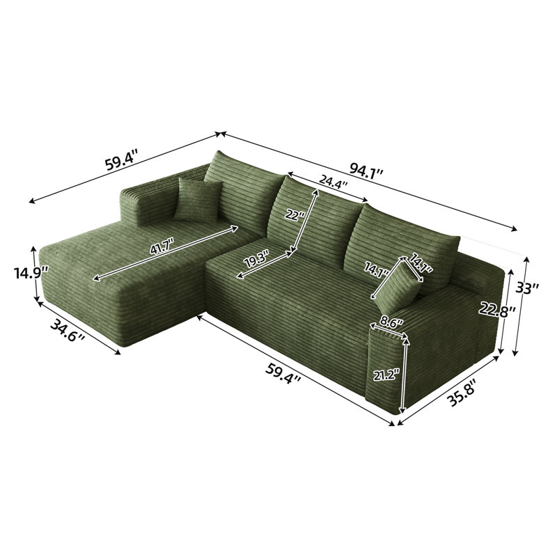 Canapé modulaire en L 94 po avec chaise longue réversible en velours côtelé 94 po, sans assemblage, Velours côtelé vert