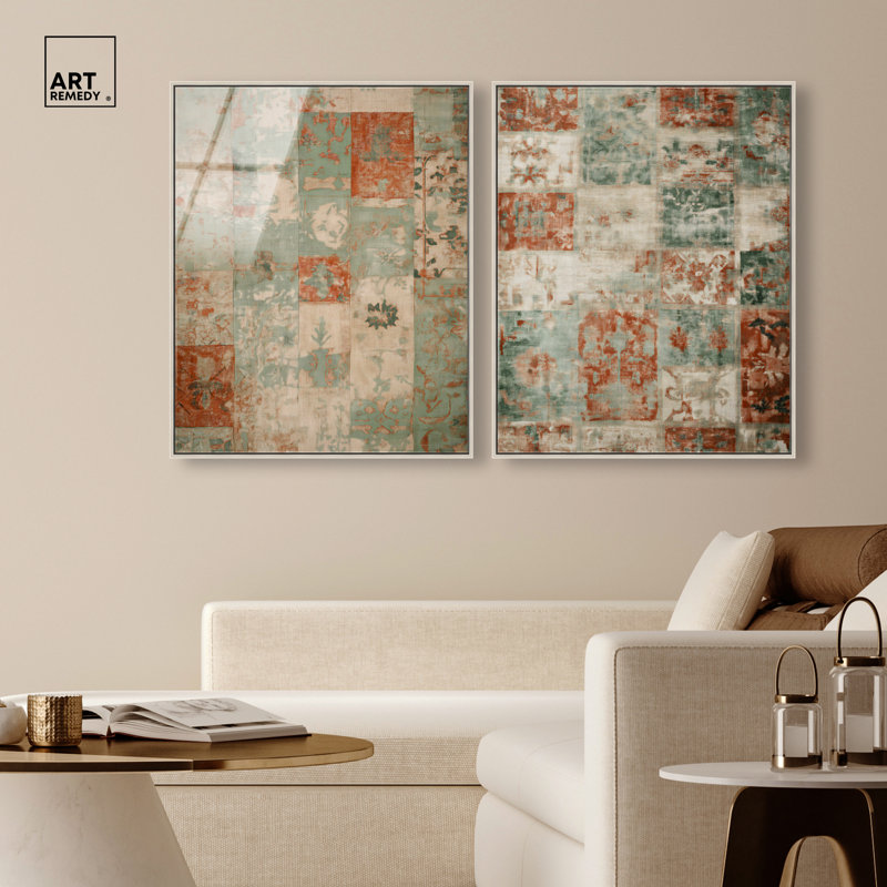 «Ghostly Damask Duo», reproduction d'art encadrée, ensemble d'art mural Boho par Art Remedy, cadre argenté, 24 x 30