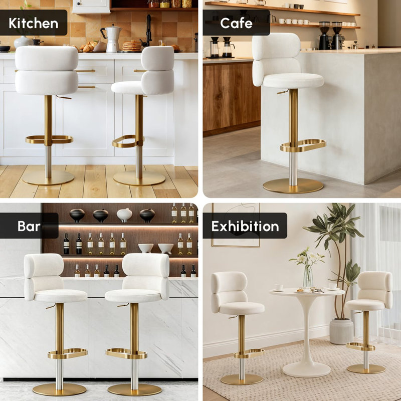 Swivel Bar Stool for Kitchen Island Low Back Armless Single Stool Velvet  Adjustable Height Counter Stool, Beige