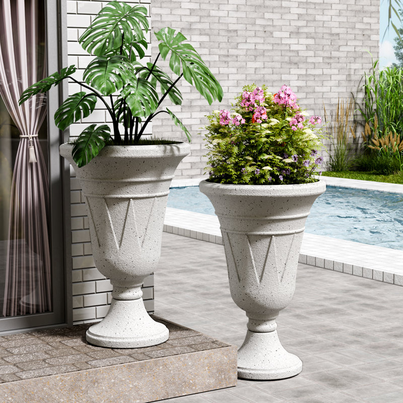 2-Pack Trophy Shaped Pedestal Planters, 23.6" Tall Outdoor Urn Flower Pots With Solid Base, Elegant Pattern, Weather-Resistant HDPE