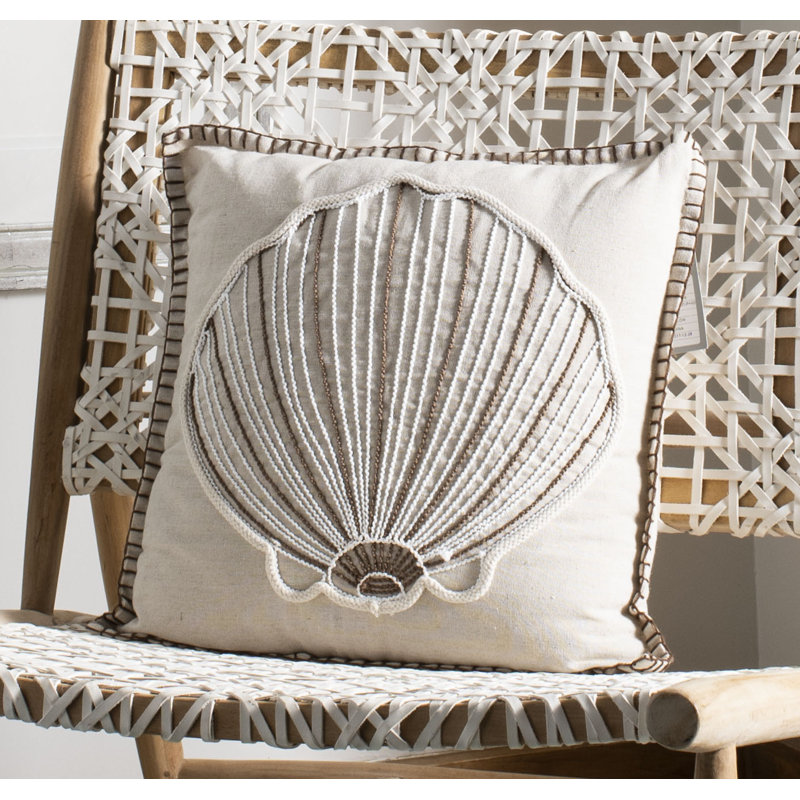 Natural Beige Seashell Embroidered Cotton 18" Throw Pillow