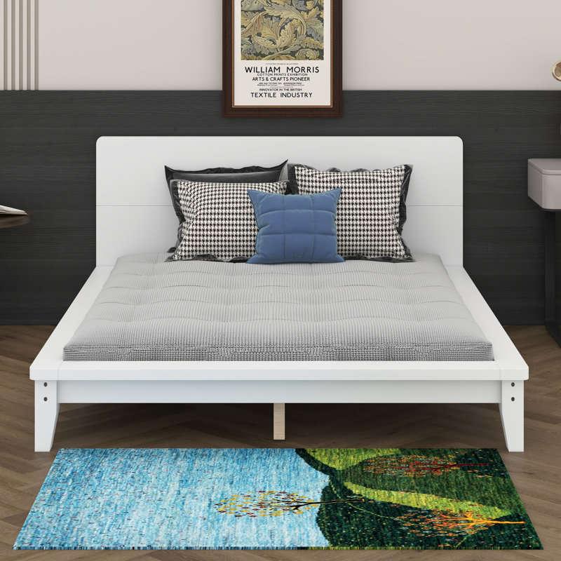 Base de lit en bois avec tête de lit, lit plateforme moderne Mid-Century avec pieds en bois massif, Lit double, Brun