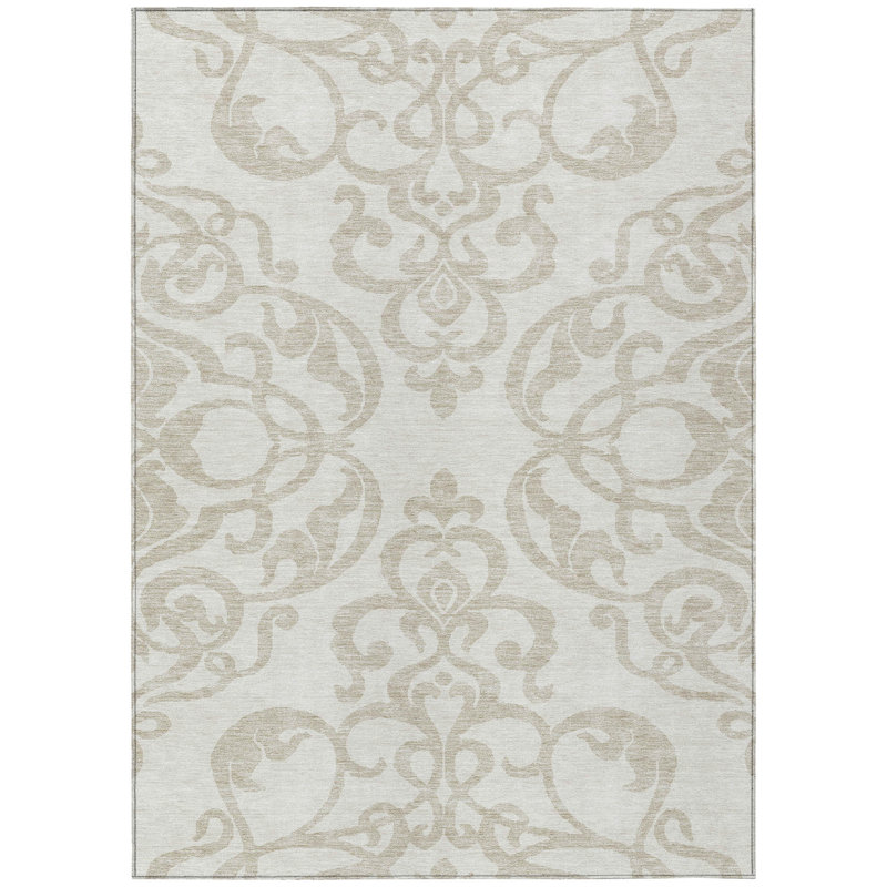 3' X 5' Ivory And Beige Damask Washable Indoor Outdoor Area Rug