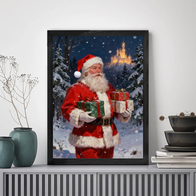 Cadre noir encadré noir, cadeau de père Noël, art mural classique, peinture à l'huile, H 17 po x l 13 po