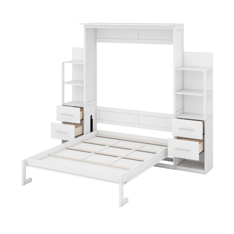 Lit escamotable avec tiroirs de rangement, lumières DEL et tablettes de bibliothèque, armoire murale escamotable en bois avec DEL