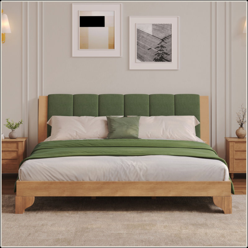 Cadre de lit en bois de pin de qualité supérieure, cadre de lit avec tête de lit inclus, lit Mid-Century moderne