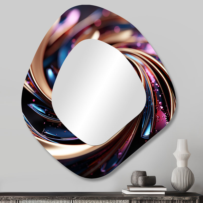 Jambi or et rose spirale abstraite hypnotique I - miroir de forme unique spirales abstraites, miroir mural décoratif asymétrique doré, impression sur métal