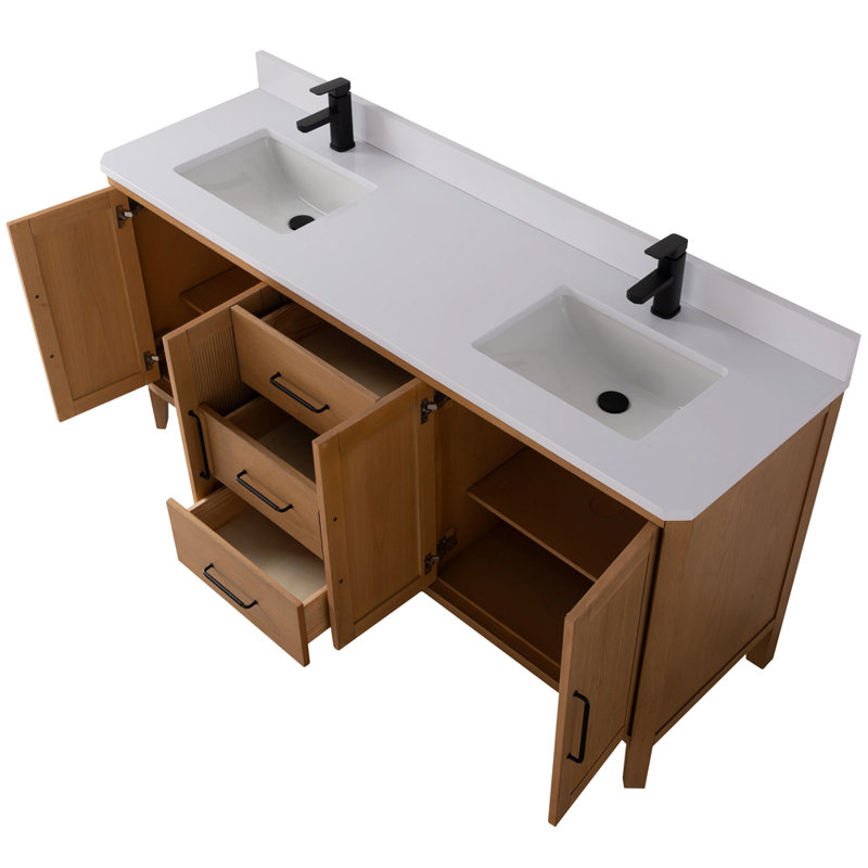 Meuble-lavabo autoportant Tennant Brand de 72 pouces, style moderne du milieu du siècle, couleur chêne brun chaud, double lavabo, comptoir en quartz blanc, entièrement assemblé