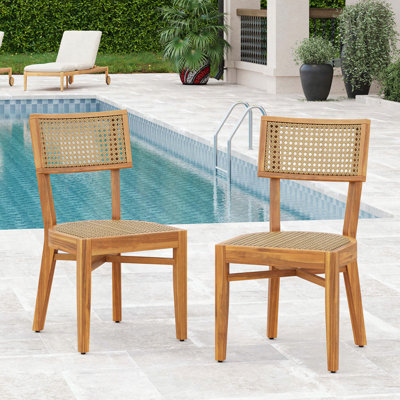 Acacia Wood Dining Chairs with Wicker Woven Seats, Set of 2