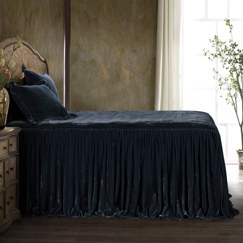 Stella Faux Silk Velvet Romantic Western Ruffle Skirt Bedspread Set, King Bedspread + 2 King Shams, Midnight Blue