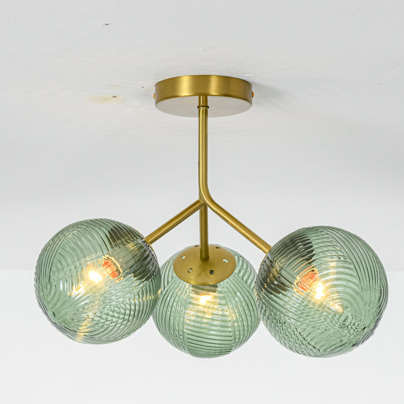 3-Light Modern Brass Ribbed Glass Semi Flush Mount Ceiling Light