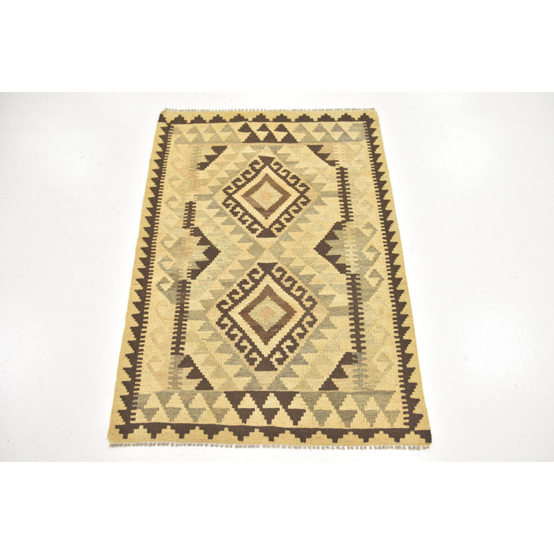 Tapis de zone en laine crème/brune 2 pi 10 po x 4 po one-of-kind à la main noué la Lorain