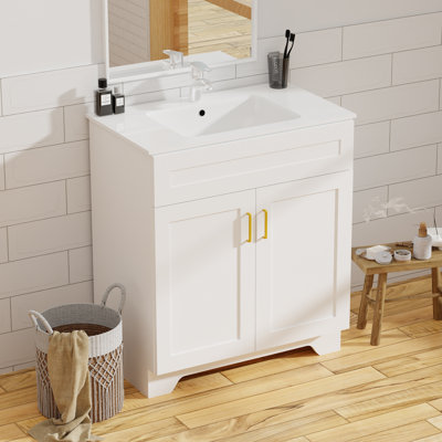 Meuble-lavabo 30 po à double porte en bois avec lavabo en céramique, meuble-lavabo autoportant avec lavabo simple (peinture, blanc, 30 po)