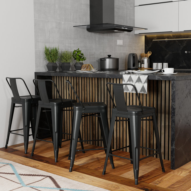 Tabouret en métal Rayne, Noir, Tabouret de comptoir (siège d'une hauteur de 24 p, 4