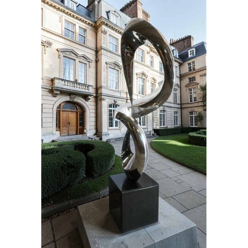 Grande sculpture abstraite en marbre à double boucle en acier inoxydable 30 po x 21 po x H 98 po