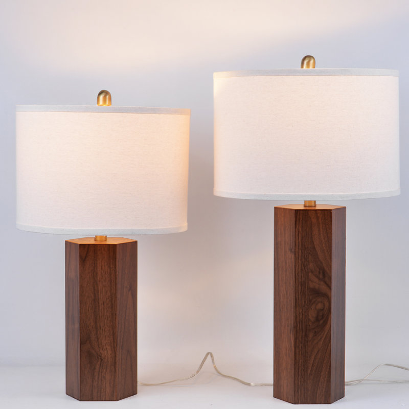 26'' Wood Table Lamp with Linen Shade, 26" H x 14" W x 14" D, Beige