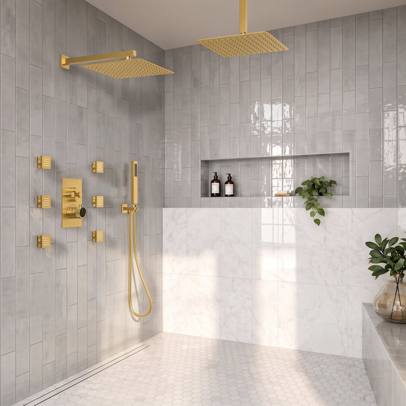  Système de pomme de douche thermostatique double, robinet de douche à pluie haute pression 12 "avec douchette et jet pour le corps
